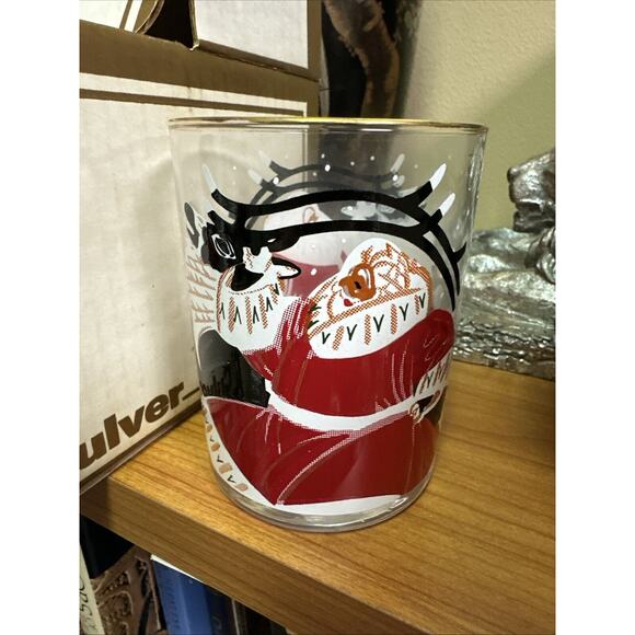 VTG MCM Culver Xmas Santa & Reindeer14oz Double Old Fashioned Glasses - Set Of 4 - Picture 1 of 7